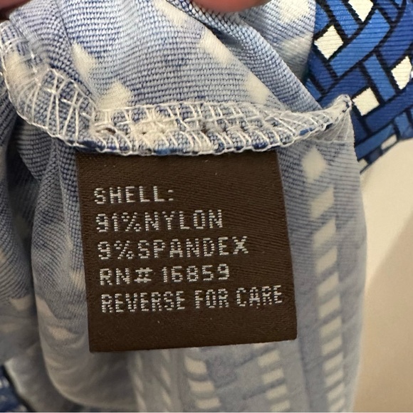 J. McLaughlin Blue & White Weave Print Stretch Dress M ruffle neckline 3/4 slv - Picture 8 of 10